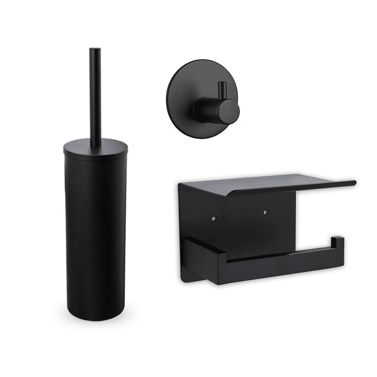 Lijkenhuis straal Vuiligheid Toilet accessoires set zwart zonder boren | Luxebadkameraccessoires.nl