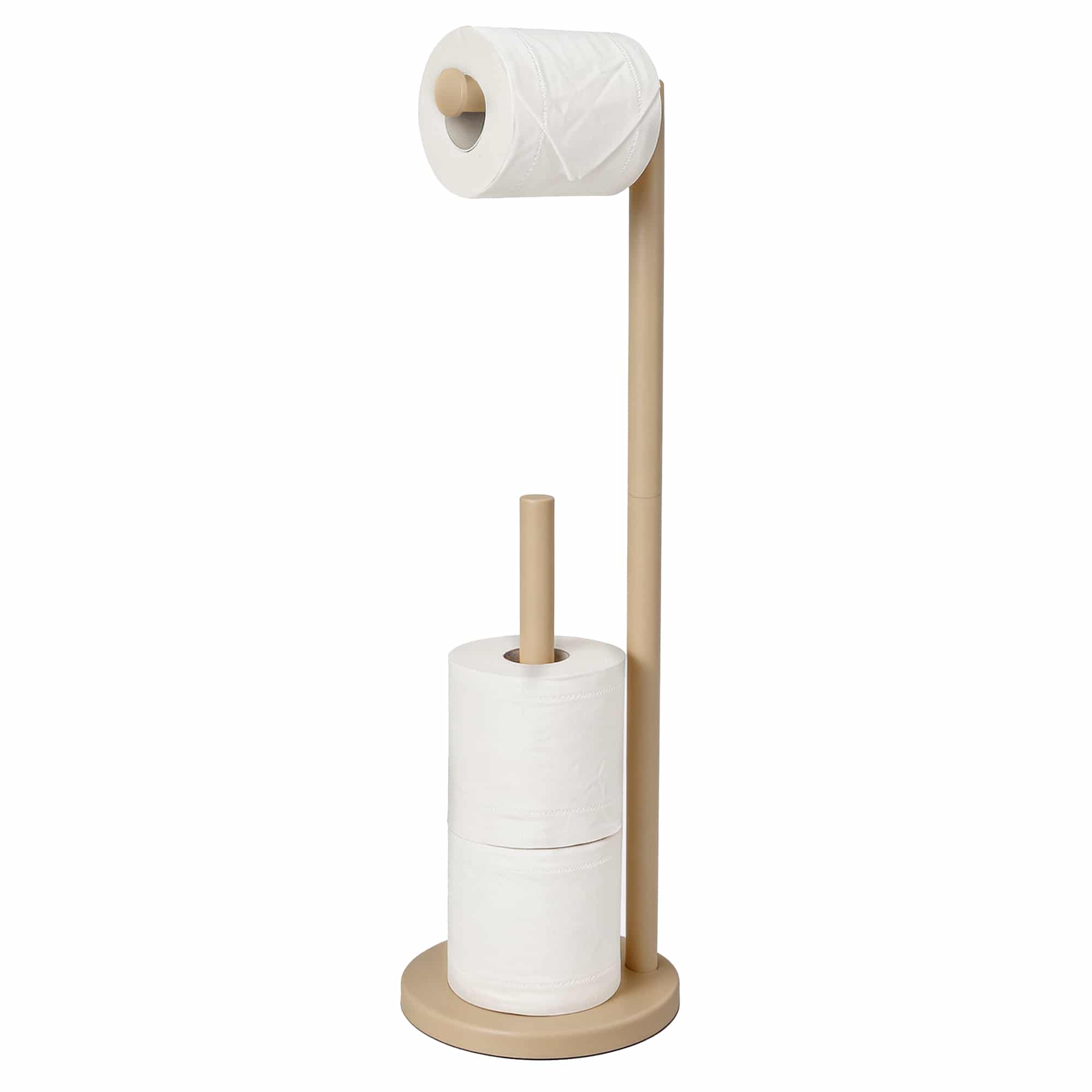 Vrijstaande wc-rolhouder mat beige met ronde voet, ruimte voor een rol in gebruik en reserverollen