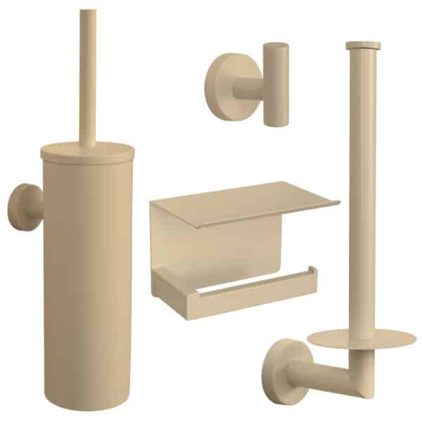 VDN Stainless toiletaccessoireset mat beige met toiletborstelhouder, toiletrolhouder met plankje, reserverolhouder en handdoekhaakje