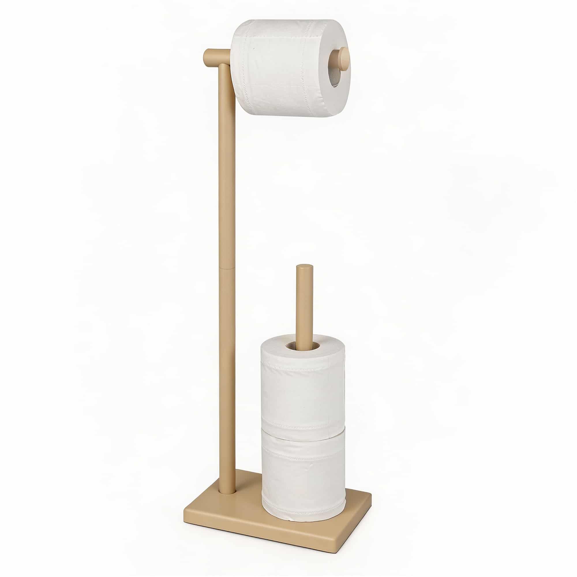 Vrijstaande wc-rolhouder mat beige met rechthoekige voetplaat, rol in gebruik en reserverollen